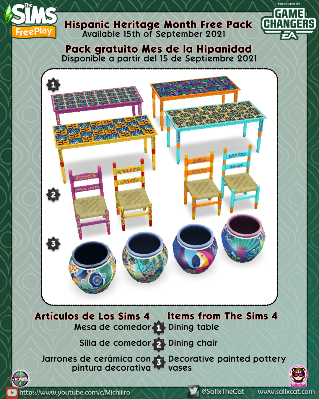 The Sims FreePlay on X: We're rerunning our free Hispanic Heritage Month pack! The pack includes a vibrant painted dining set with colorful table & chairs, plus decorative painted pottery vases from